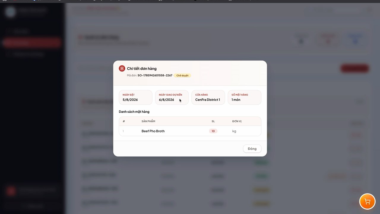 Order detail modal with item quantities