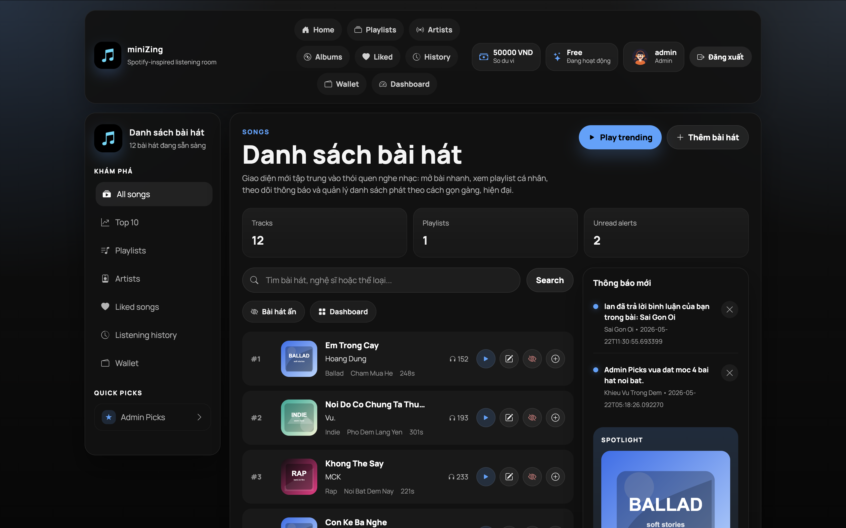 Music Web songs dashboard preview