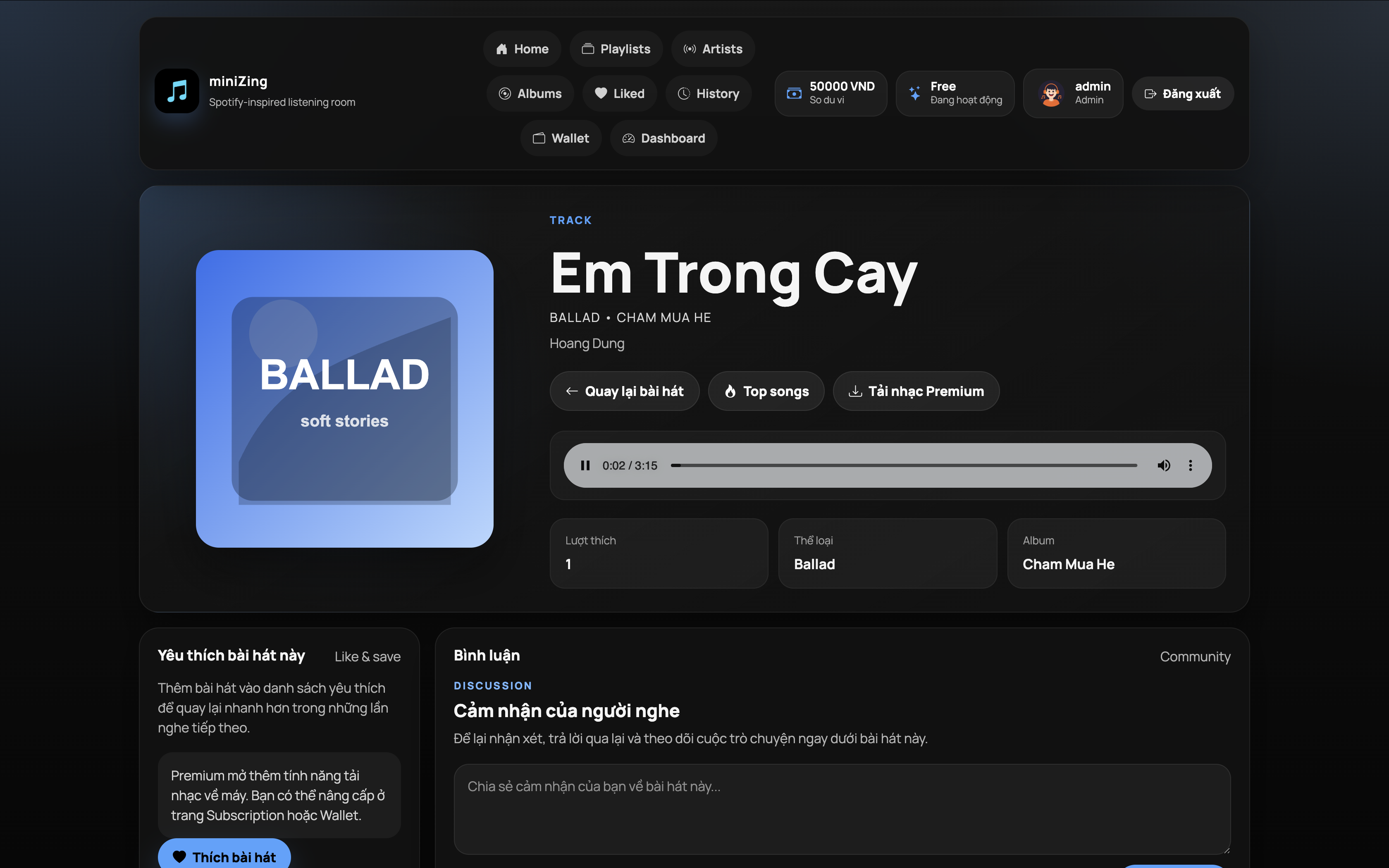 Music Web track detail with audio player and comments