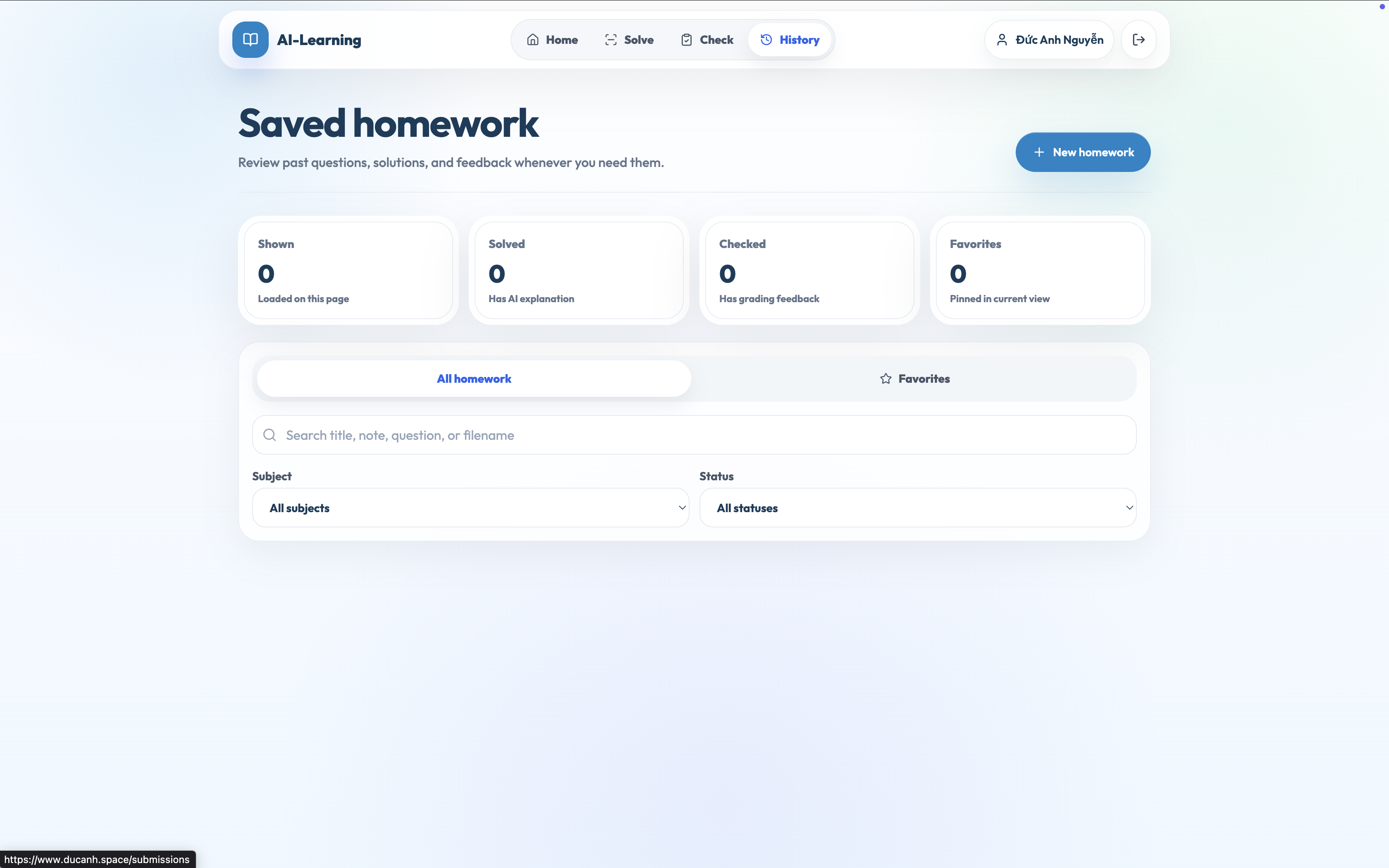 Saved homework history screen