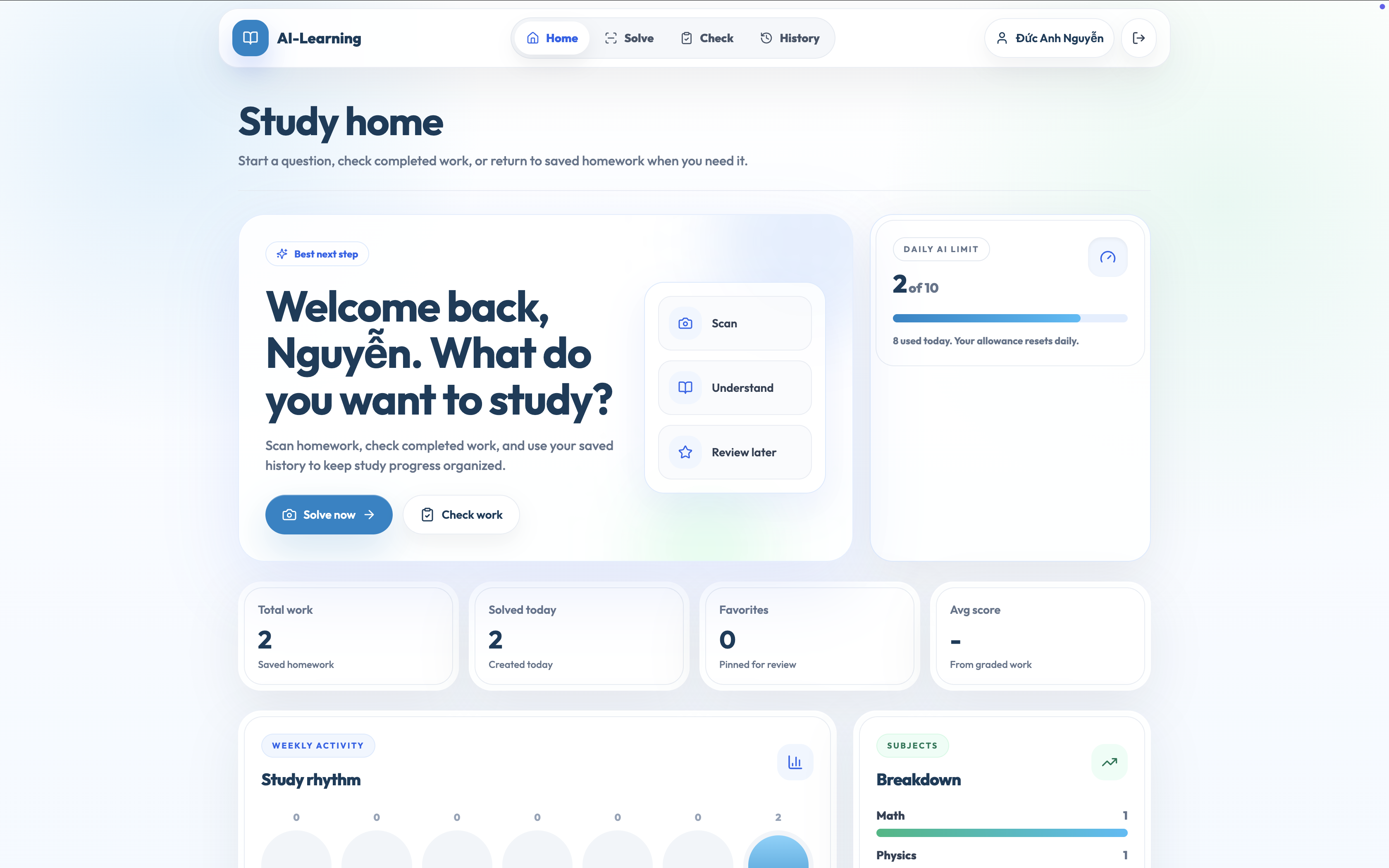 AI-Learning home screen with study overview, action cards and usage limit