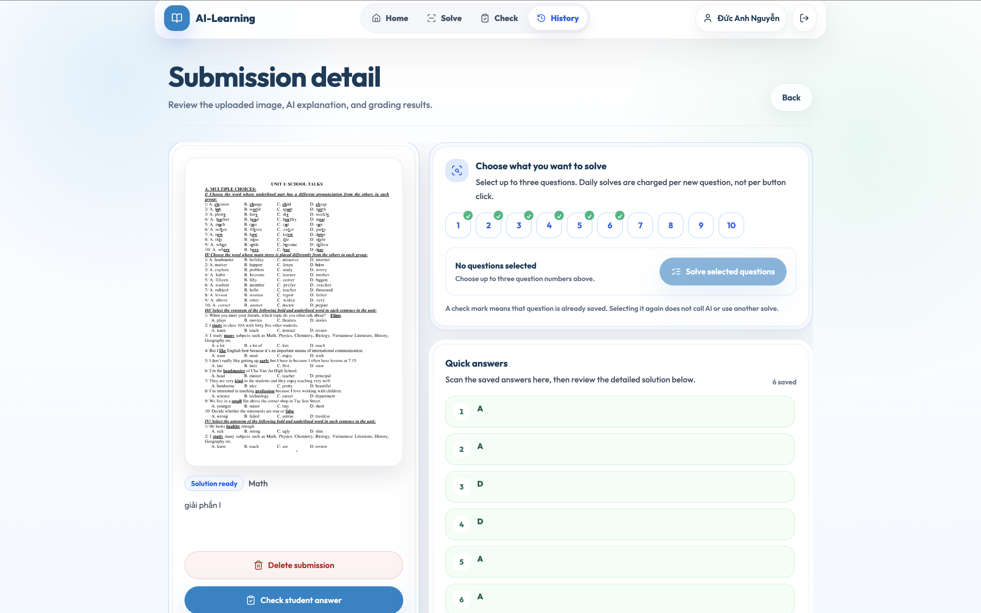 Submission detail screen with detected questions and quick answers